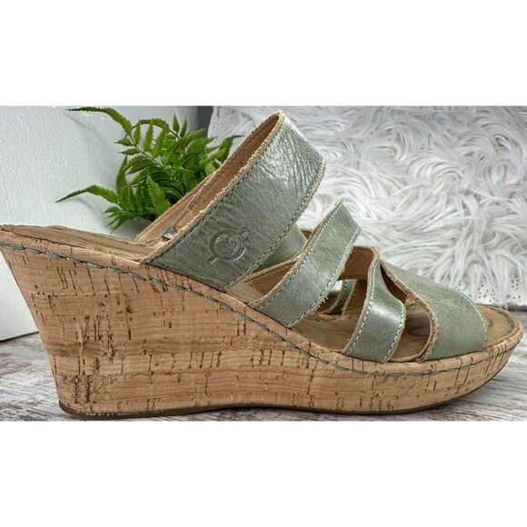 Born Zemora Slip On Leather Wedge Sandal Shoe Women's Sz 9 Green Metallic Beachy - Picture 7 of 13